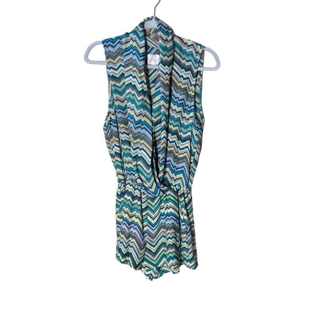 Parker Silk Sleeveless Romper in Colorful Zig Zag Chevron Print Blouson XS